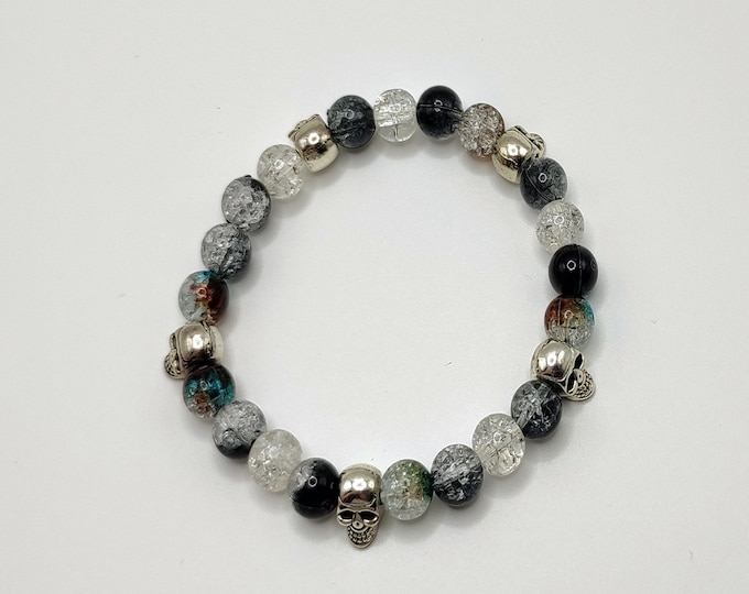 Crystal Effect Bead Bracelet with Tibetan Silver Skull Spacers.