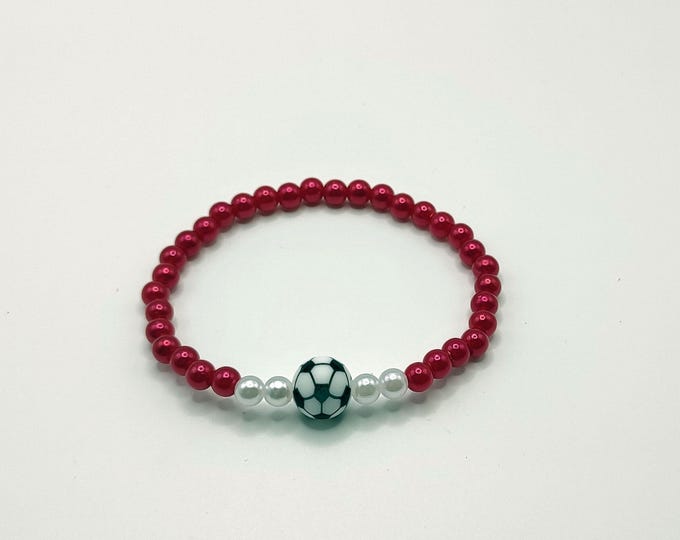 Sports Themed Red And White Beaded Bracelet With Football Charm.