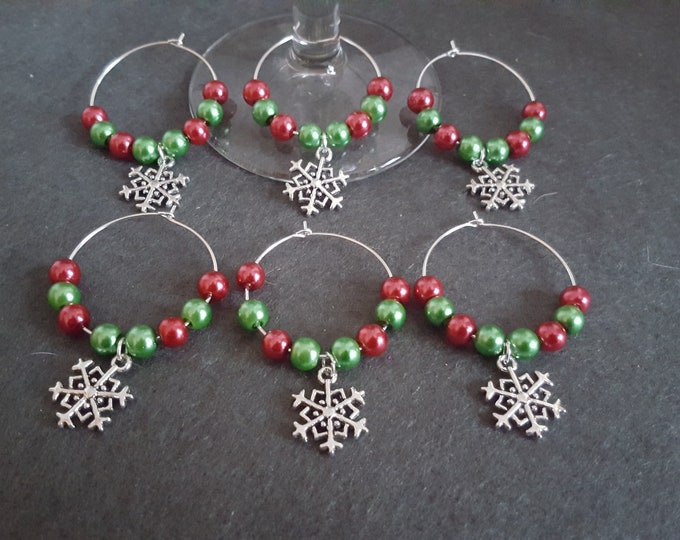 Christmas Wine Glass Charms Set of 6 Red and Green with Snowflake Charms