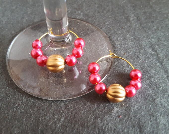 Valentines Wine Glass Rings Set of 2 Gold and Pink