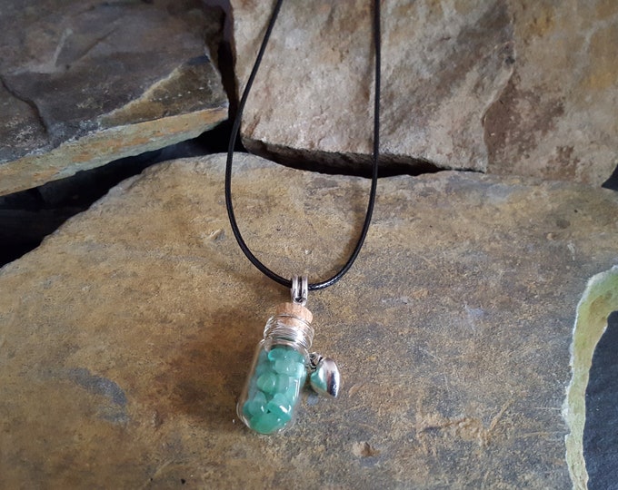 Green Aventurine Crystal Bottle Necklace with Silver Heart Charm