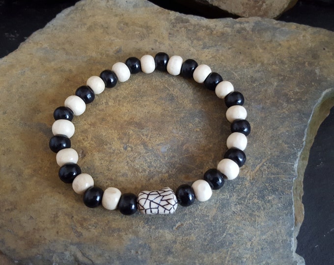 Black and White Wooden Unisex Bead Bracelet