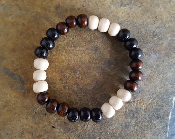 Cream, Black and Brown Tricoloured Unisex Wooden Bead Bracelet
