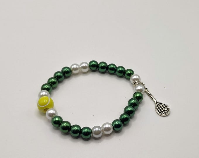 Sports Themed Beaded Bracelet With Yellow Tennis Ball And Tibetan Silver Tennis Racquet Charm.