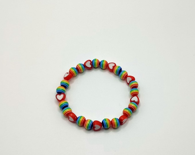 Rainbow Beaded Bracelet With Heart Spacers.