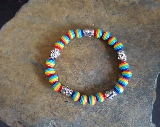 Rainbow Coloured Resin Bead Bracelet With Tibetan Silver Buddha Heads