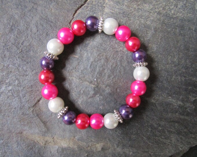 Purple, Red, Pink and White Glass Pearl Bead Bracelet With Silver Spacers