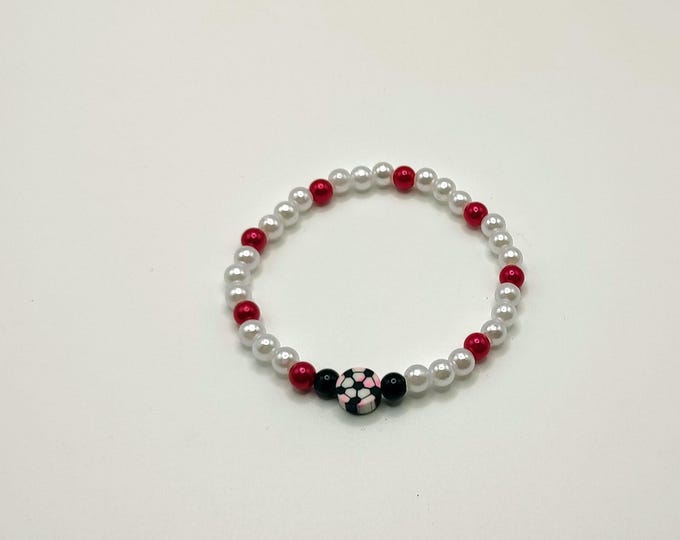 Sports Themed Red, Black And White Beaded Bracelet With Football Charm.