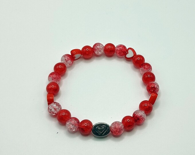 Red And White Crystal Effect Beaded Bracelet With Tibetan Silver Heart/Hero Charm.