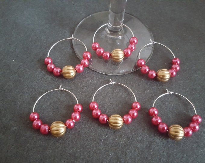Wine Glass Rings Set of 6 Gold and Pink