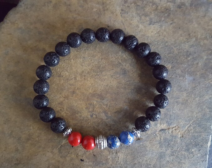 Blue and Red Impression Jasper Genuine Semi-Precious Gemstone and Black Lava Stone Diffuser Bracelet With Tibetan Silver Spacer Beads