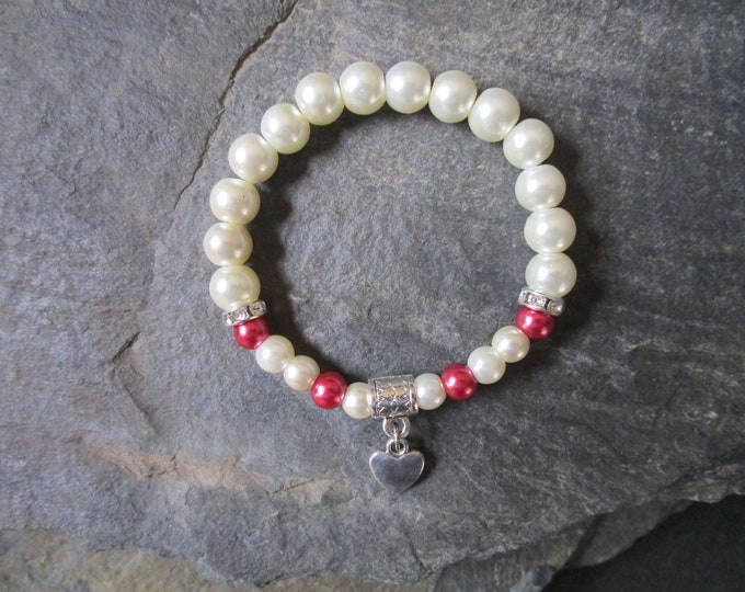 Pink and White Glass Pearl Bead Bracelet With Silver Heart Charm