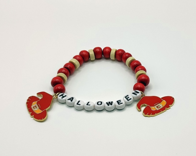 Cream and Red Halloween Wooden Bead Bracelet with Witches Hat Charms.