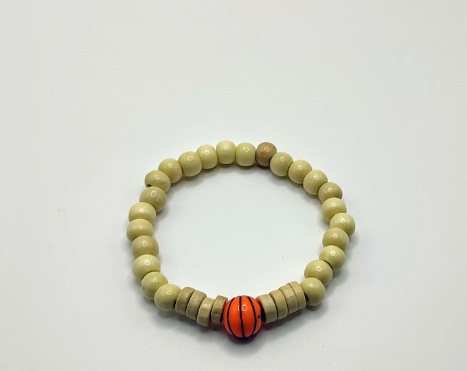 Sports Themed Wooden Beaded Bracelet With Basketball Charm.