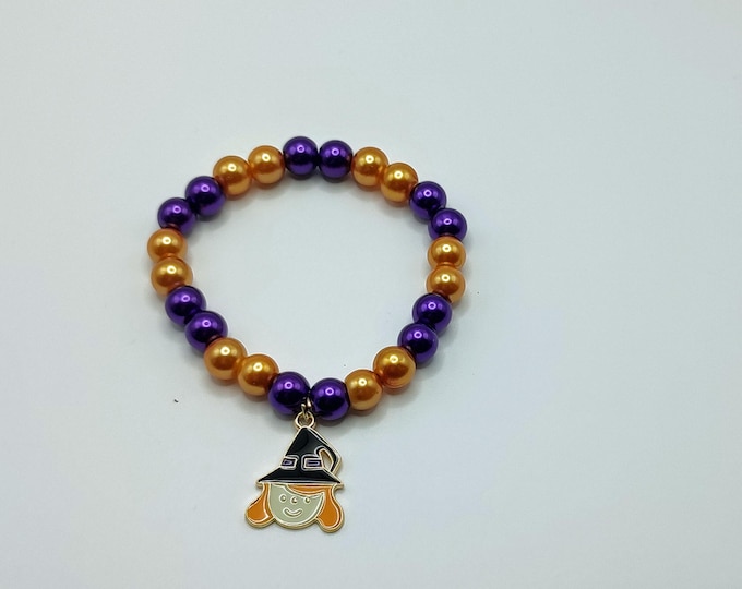 Orange And Purple Glass Pearl Beaded Bracelet With Witch Charm.
