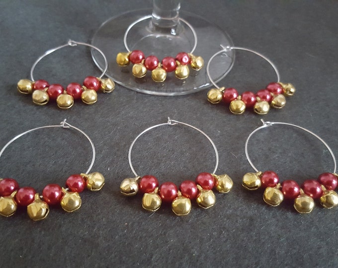 Christmas Wine Glass Charms Set of 6 Red and Gold Mini Bells
