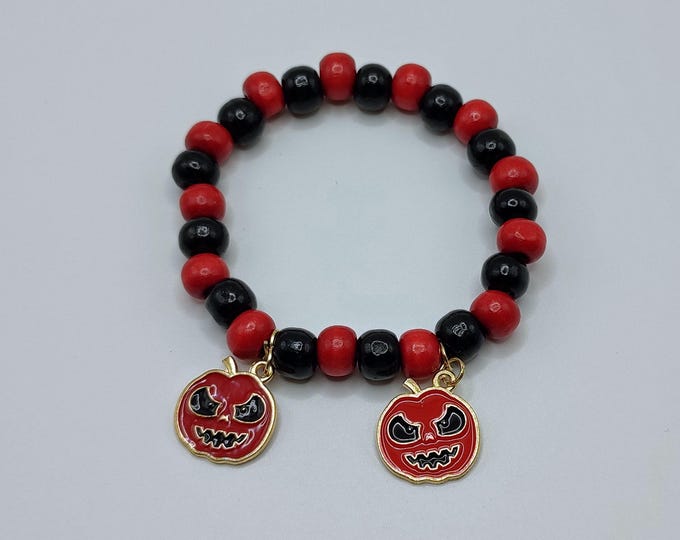 Red and Black Halloween Wooden Bead Bracelet with Pumpkin Charms.