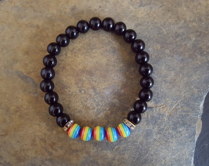 Rainbow and Black Glass Pearl Bead Bracelet With Gold Coloured Diamonte Spacers