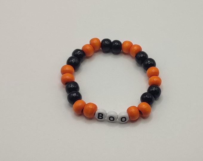 Orange And Black Boo Wooden Beaded Bracelet.