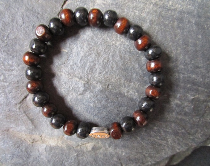 Black and Brown Unisex Wooden Bead Bracelet with Tibetan Silver Hero-Heart Spacer