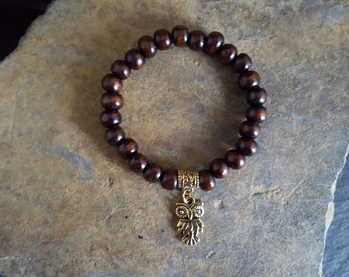 Brown Wooden Unisex Bead Bracelet with Tibetan Gold Owl Charm