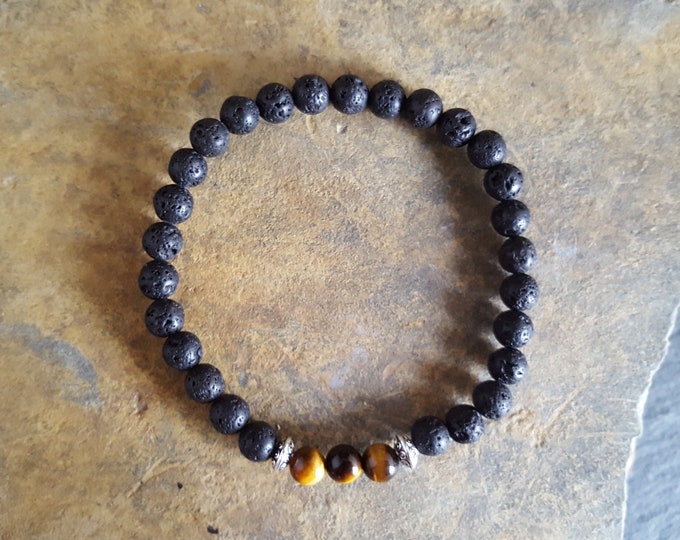 Tigers Eye Genuine Semi-Precious Gemstone and Lava Stone 6mm Diffuser Bracelet With Tibetan Silver Spacer