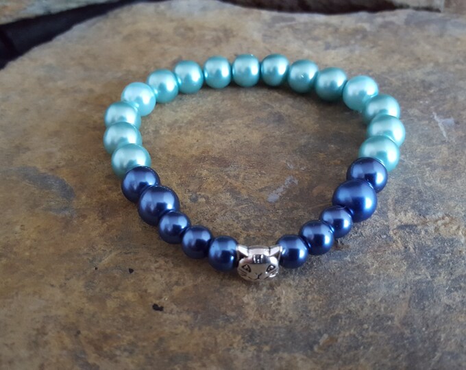Turquoise and Blue Glass Pearl Bead Bracelet With a Tibetan Silver Cat Spacer
