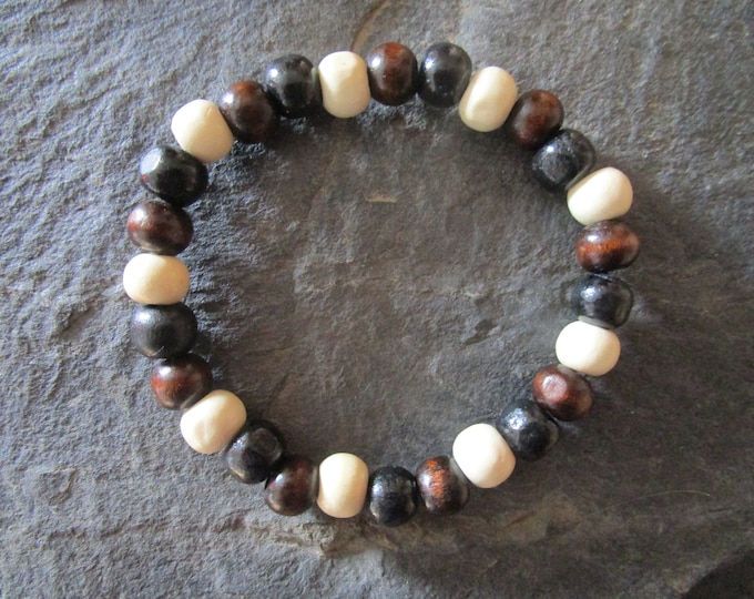 Cream, Black and Brown Tricoloured Unisex Wooden Bead Bracelet