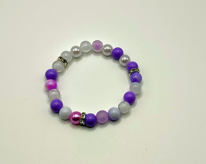 Purple, Pink And White Beaded Bracelet With Diamante Rondelle Silver Spacers.