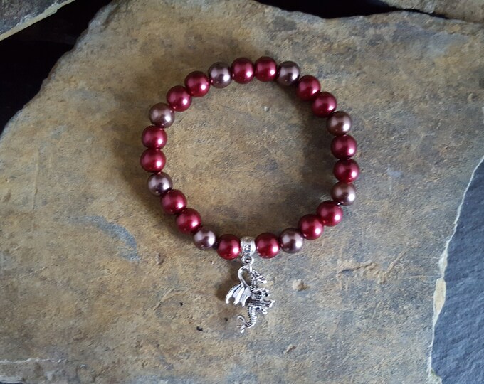 Red and Mocha Glass Pearl Bead Bracelet With Silver Dragon Charm