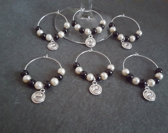 Yin Yang Wine Glass Charms Set of 6 Black and White