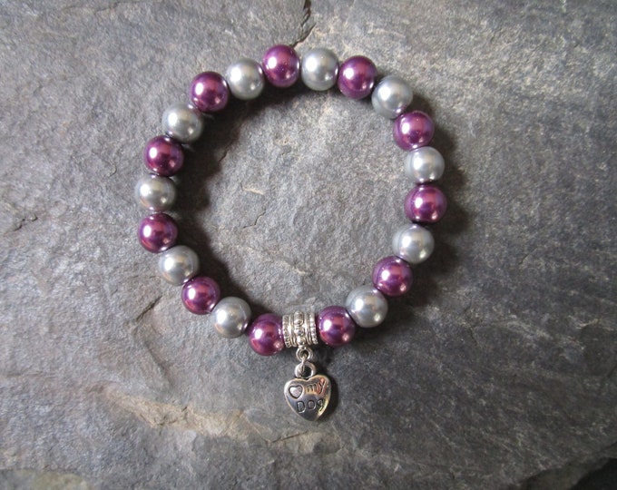 Purple and Silver Glass Pearl Bead Bracelet With Silver Heart My Dog Paw Charm