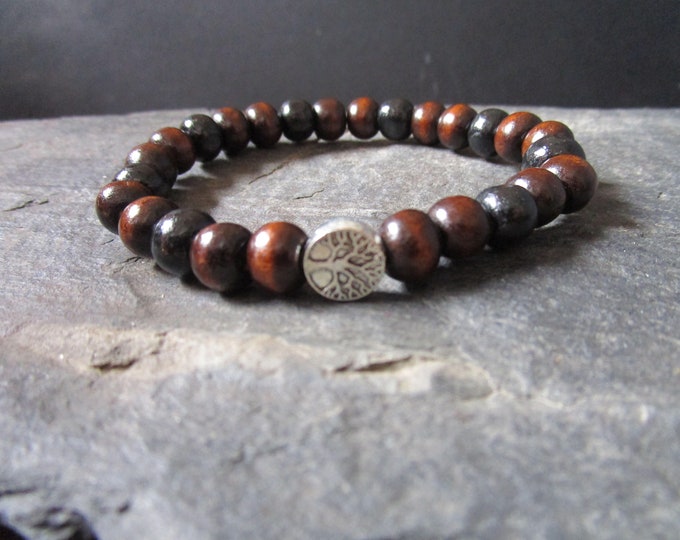 Black and Brown Unisex Wooden Bead Bracelet with Tibetan Silver Tree of Life Spacer