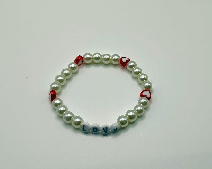 White Glass Pearl Beaded Bracelet With Heart Spacers And Love.