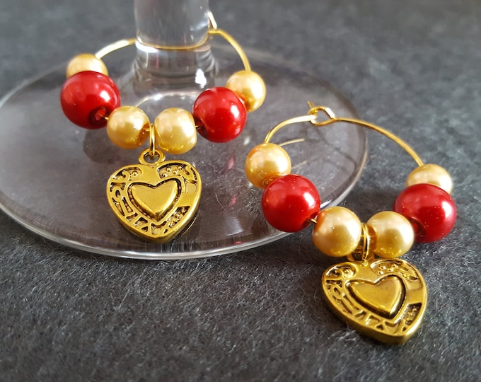 Gold Love Heart Wine Glass Charms Set of 2 Red and Gold