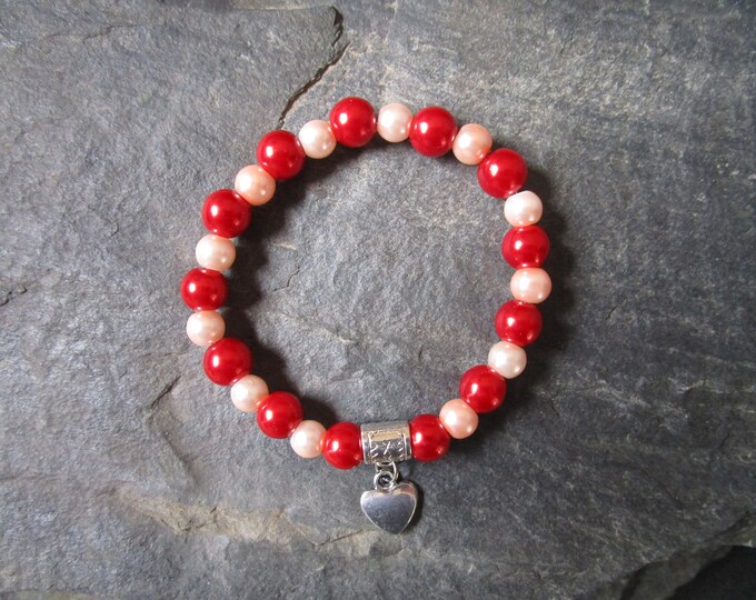 Red and Pink Glass Pearl Bead Bracelet With Silver Heart Charm