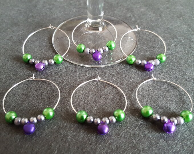 Wine Glass RIngs Set of 6 Purple, Green and Silver