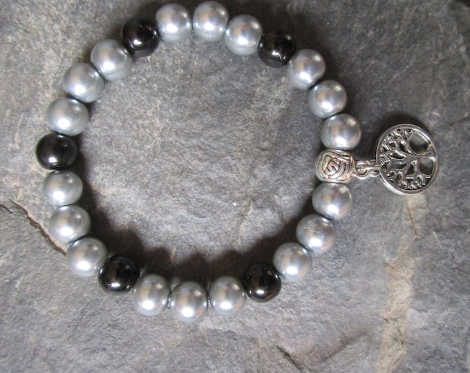 Silver and Black Glass Pearl Bead Bracelet With Silver Tree Of Life Charm