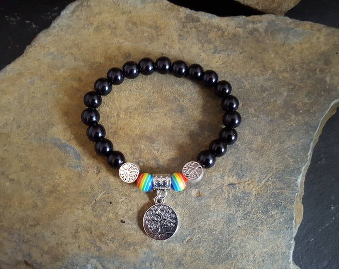 Rainbow and Black Glass Pearl Bead Bracelet With Tree Of Life Charm and Spacers