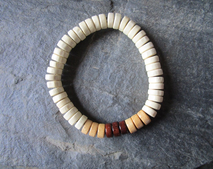Cream and Brown Wooden Unisex Rondelle Bead Bracelet