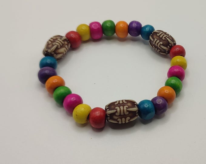Colourful Wooden Beaded Bracelet with Three Decretive Bead.