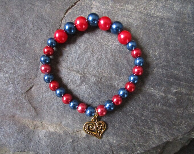 Red & Blue Glass Pearl Bead Bracelet with Gold Heart Charm
