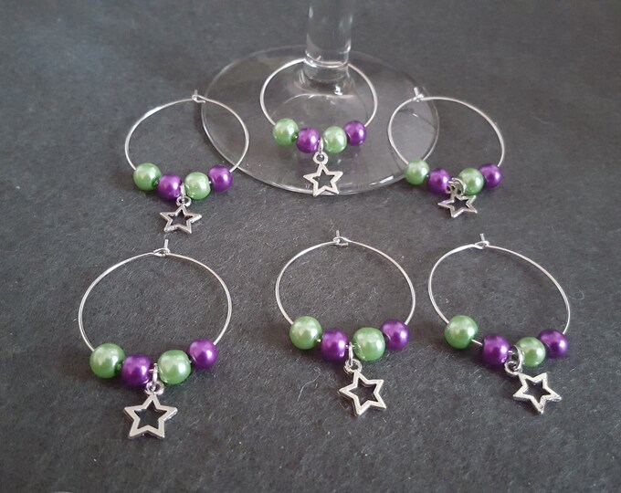 Wine Glass Charms Set of 6 Green and Purple with Silver Star Charms