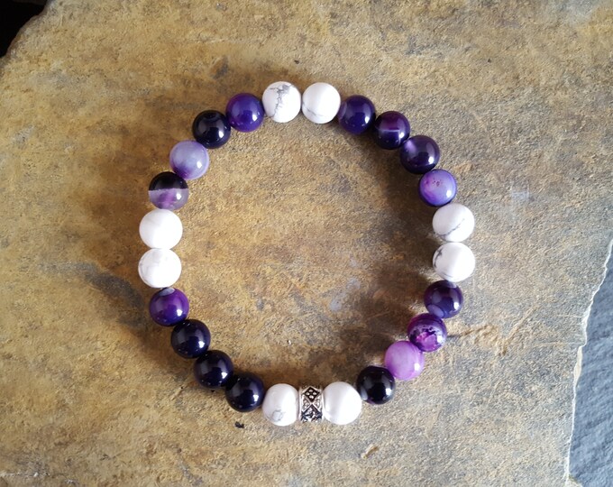 Purple Striped Agate and White Howlite Genuine Semi-Precious Gemstone Bracelet With a Tibetan Silver Spacer
