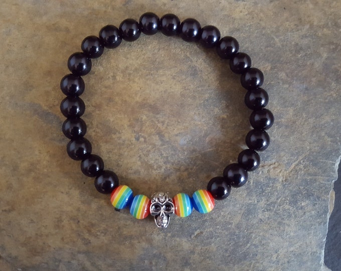 Rainbow and Black Glass Pearl Bead Bracelet With Tibetan Silver Skull