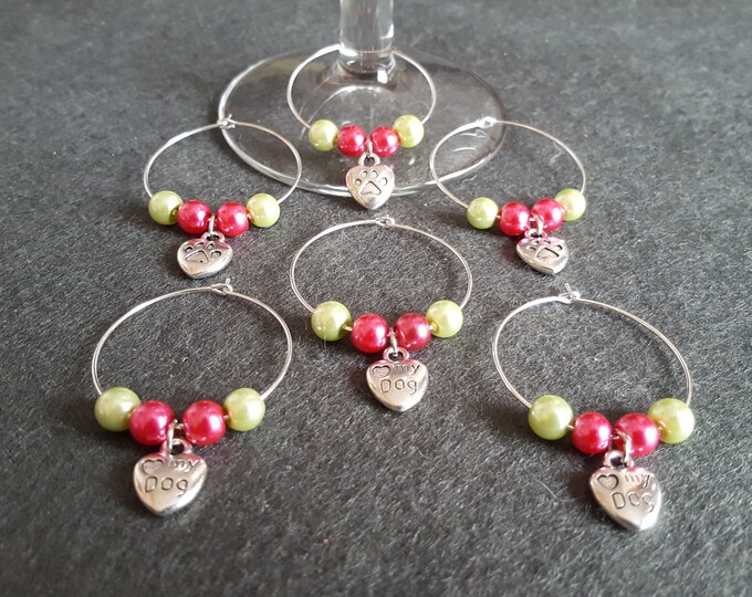 Love My Dog Paw Print Wine Glass Charms Set of 6 Red and Green