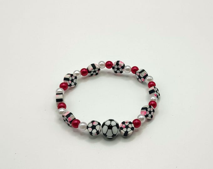 Sports Themed Red And White Beaded Bracelet With Football Charm And Spacers.