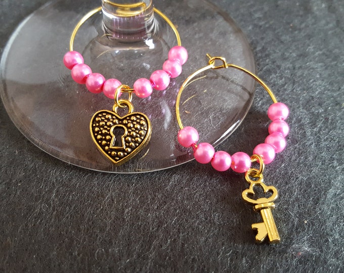Valentines Wine Glass Heart Padlock and Key Charm Set of 2 Gold and Pink