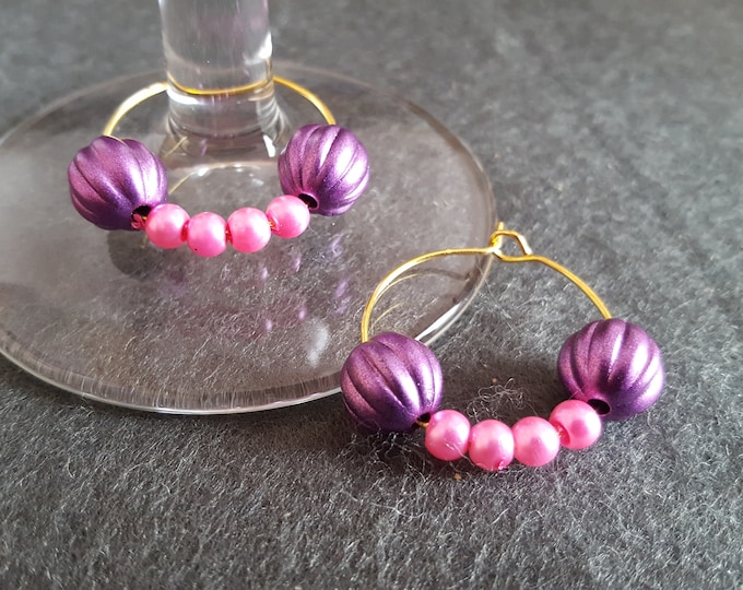 Valentines Wine Glass Ring Set of 2 Purple and Pink