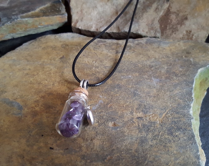Amethyst Crystal Bottle Necklace with Silver Heart Charm
